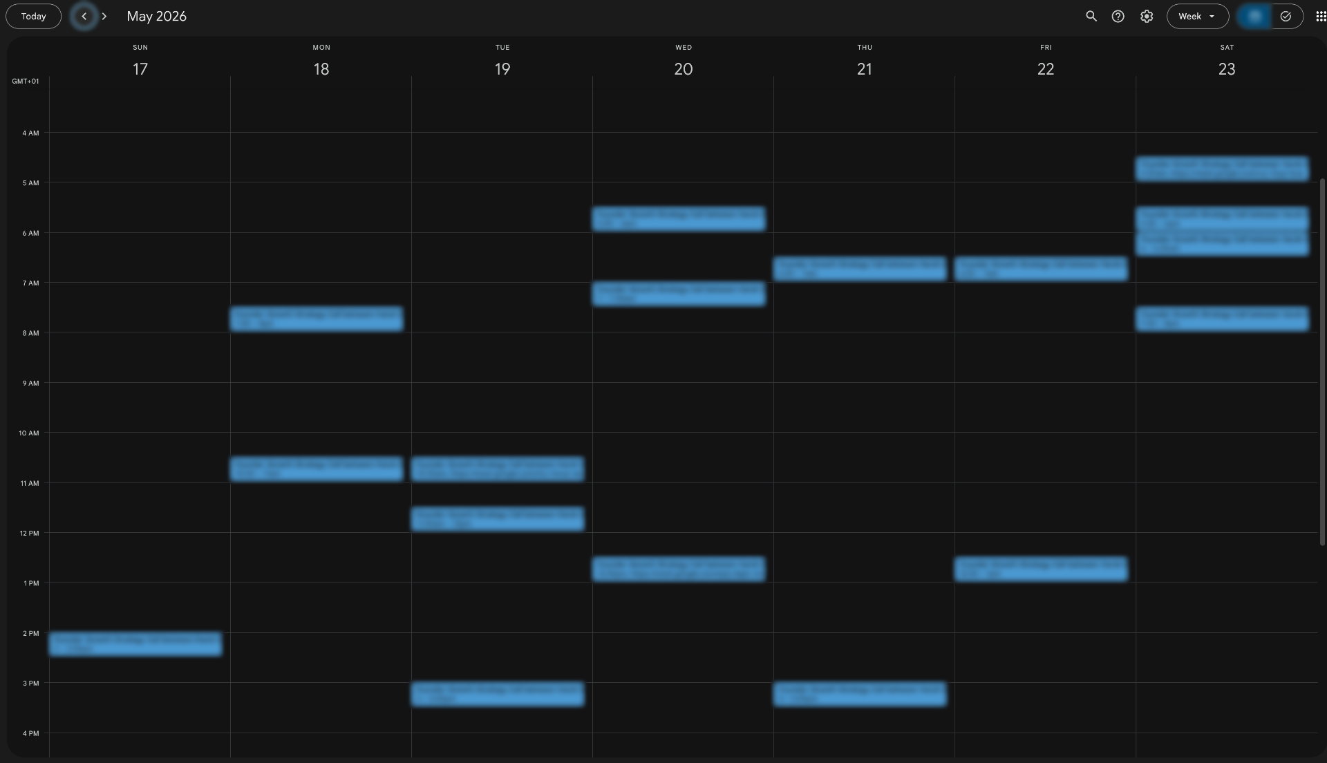 Google Calendar week of May 17 – 23, 2026 packed with booked strategy calls from LeadEngine