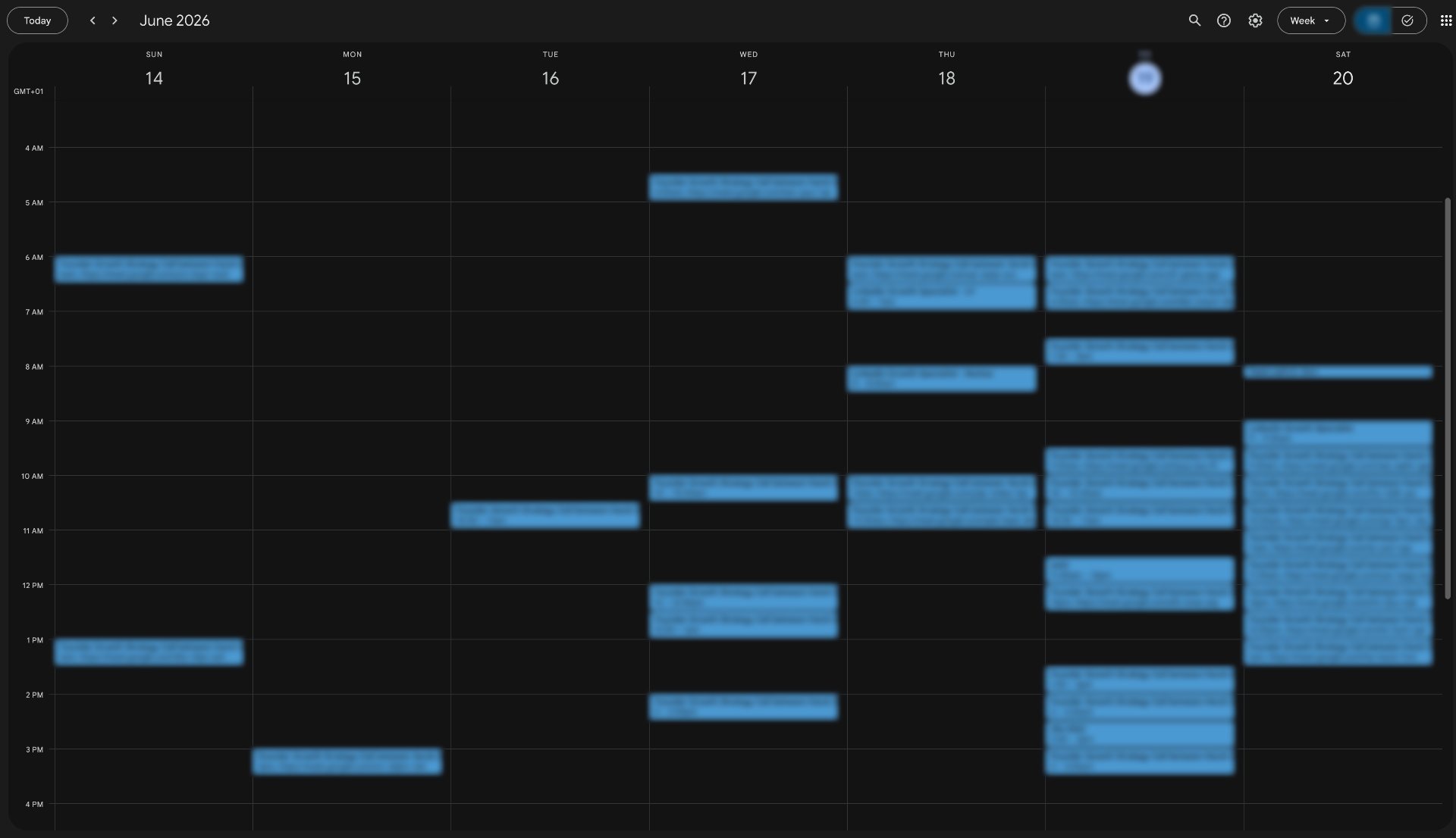 Google Calendar week of June 14 – 20, 2026 packed with booked strategy calls from LeadEngine