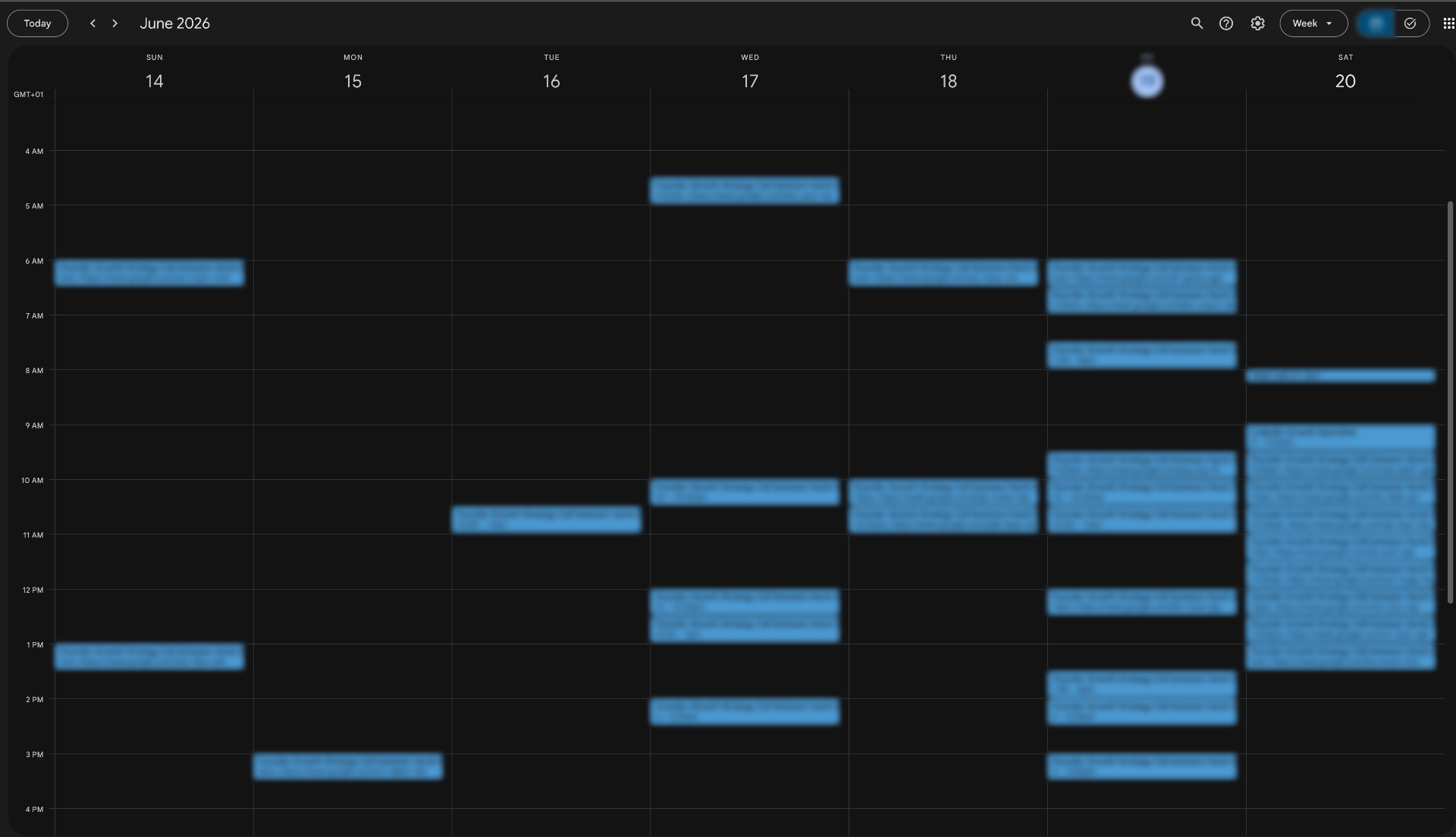 Google Calendar week of June 14 – 20, 2026 packed with booked strategy calls from LeadEngine